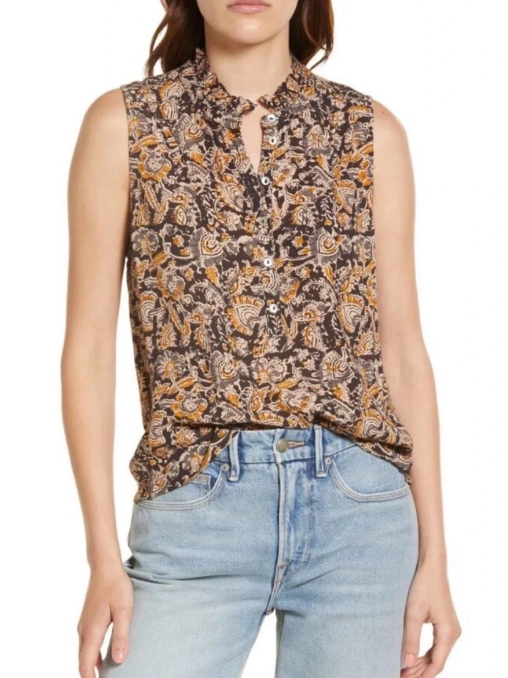 Faherty Faith Sleeveless Top in Black Gold Paisley Sz Medium Blouse Boho black